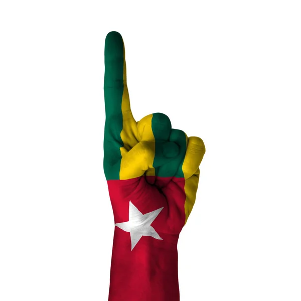 Hand Pointing Thumb Direction Togo Painted Flag Symbol Direction First — 스톡 사진