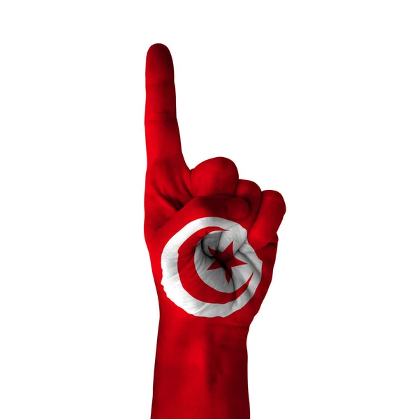 Hand Pointing Thumb Direction Tunisia Painted Flag Symbol Direction First — ストック写真