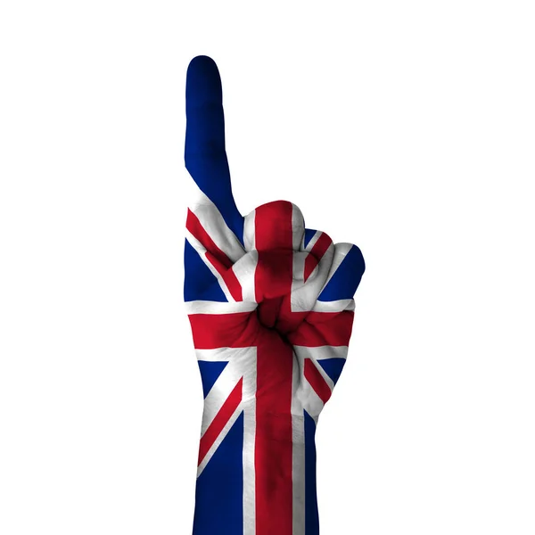 Hand pointing thumb up direction, united kingdom painted with flag as symbol of up direction, first and number one symbol - isolated on white background