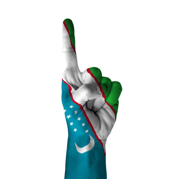 Hand Pointing Thumb Direction Uzbekistan Painted Flag Symbol Direction First — 스톡 사진