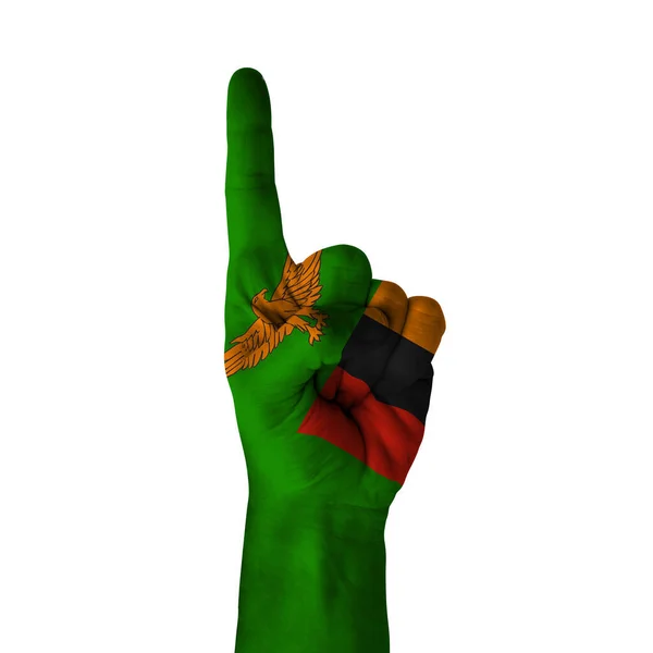 Hand Pointing Thumb Direction Zambia Painted Flag Symbol Direction First — 스톡 사진