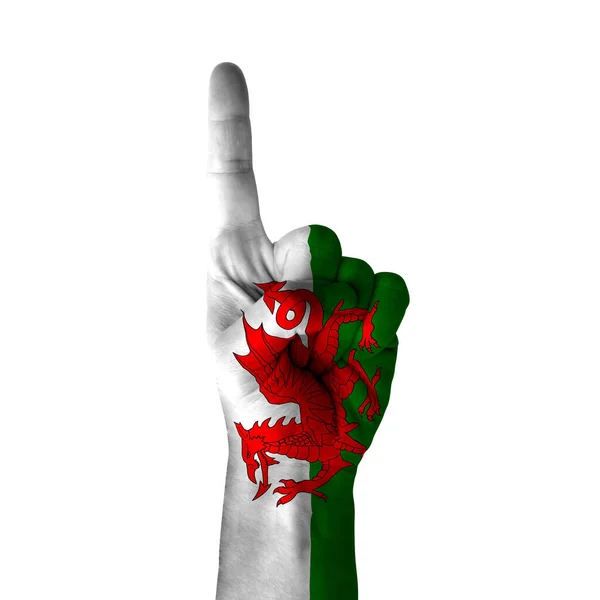 Hand Pointing Thumb Direction Wales Painted Flag Symbol Direction First — Stock fotografie