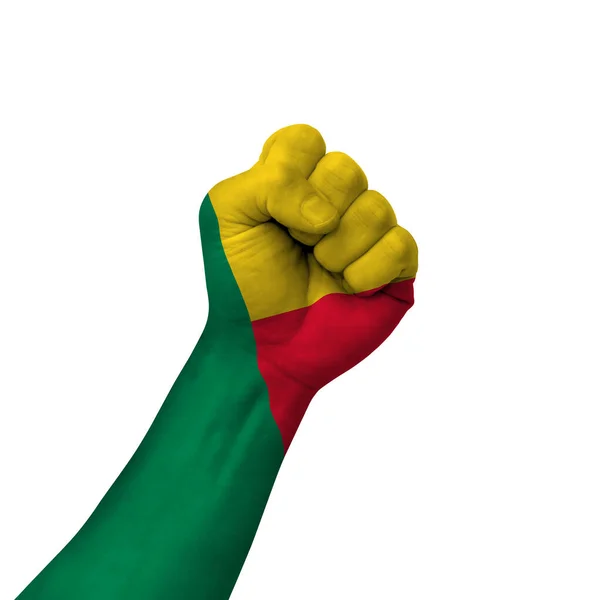 Hand Making Victory Sign Benin Painted Flag Symbol Victory Resistance — Fotografia de Stock