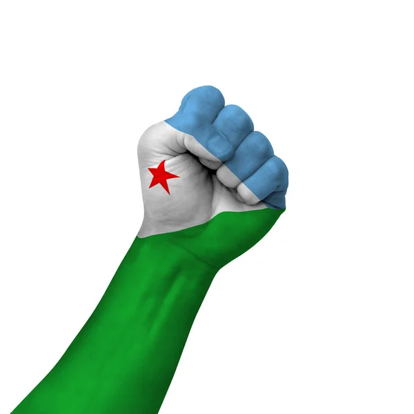 Hand Making Victory Sign Djibouti Painted Flag Symbol Victory Resistance — стоковое фото