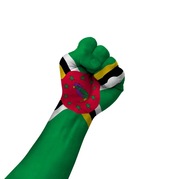 Hand Making Victory Sign Dominica Painted Flag Symbol Victory Resistance — Stock Photo, Image