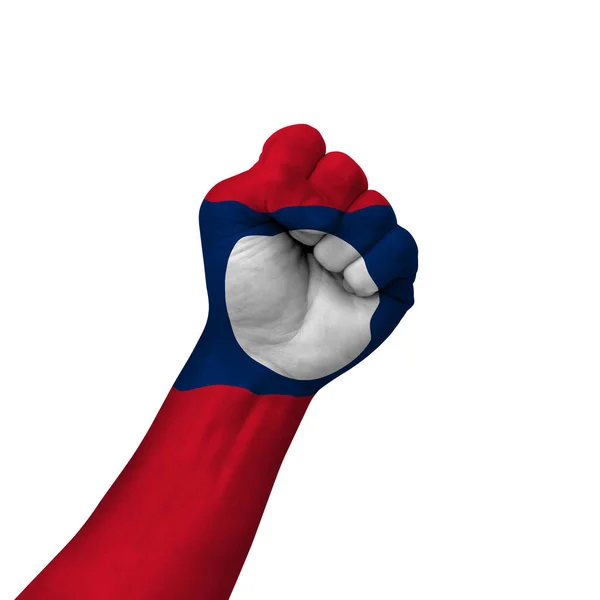 Hand Making Victory Sign Laos Painted Flag Symbol Victory Resistance — Stockfoto