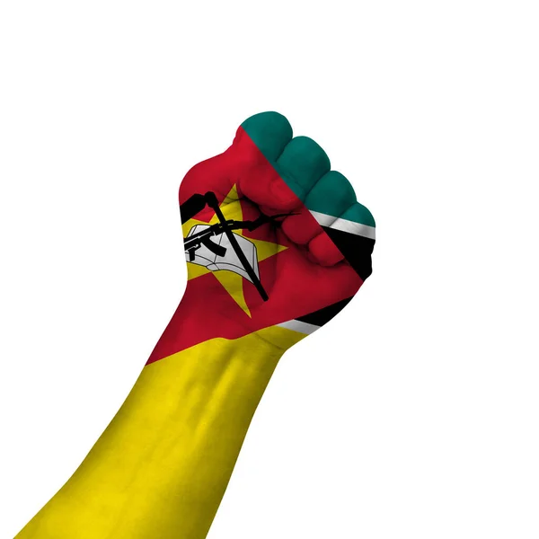 Hand Making Victory Sign Mozambique Painted Flag Symbol Victory Resistance — Fotografia de Stock