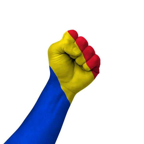 Hand Making Victory Sign Romania Painted Flag Symbol Victory Resistance — Fotografia de Stock