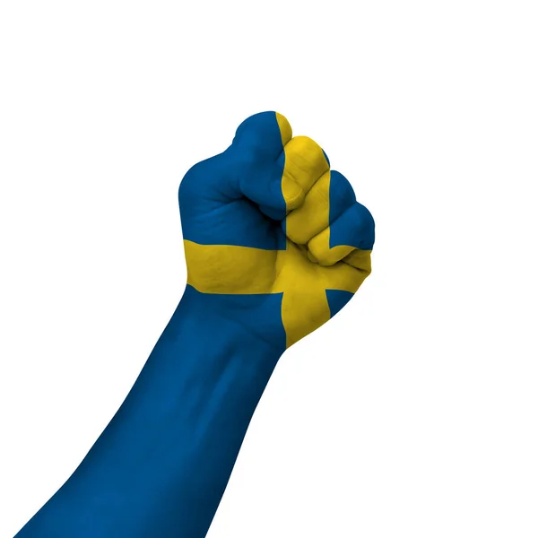 Hand Making Victory Sign Sweden Painted Flag Symbol Victory Resistance — Foto Stock