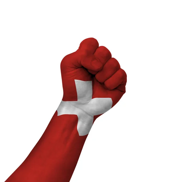 Hand Making Victory Sign Switzerland Painted Flag Symbol Victory Resistance — Foto Stock