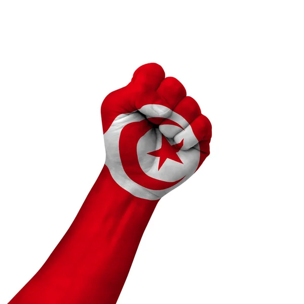 Hand Making Victory Sign Tunisia Painted Flag Symbol Victory Resistance — Stock Photo, Image