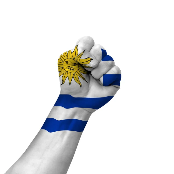 Hand Making Victory Sign Uruguay Painted Flag Symbol Victory Resistance — Stock Fotó