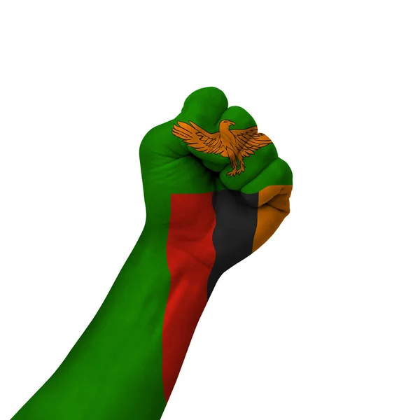 Hand Making Victory Sign Zambia Painted Flag Symbol Victory Resistance — Stockfoto