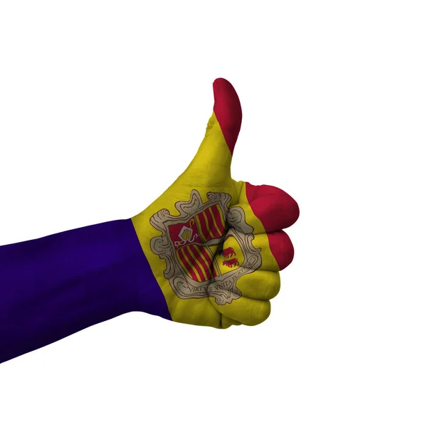 Hand Making Thumbs Sign Andorra Painted Flag Symbol Thumbs Okay — Stock Photo, Image