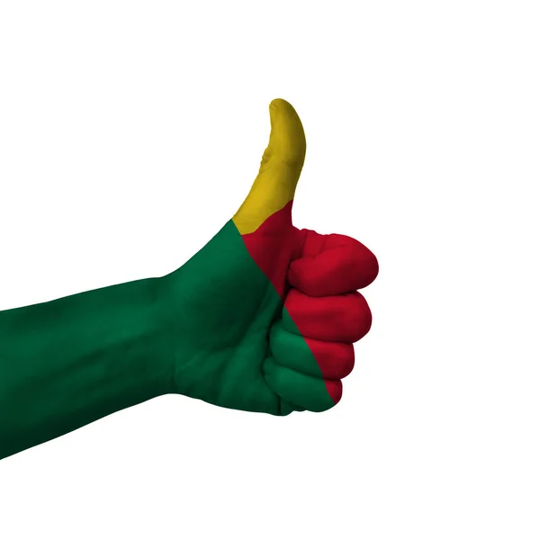 Hand Making Thumbs Sign Benin Painted Flag Symbol Thumbs Okay — Fotografia de Stock