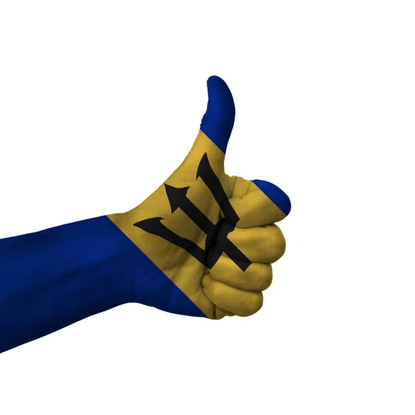 Hand Making Thumbs Sign Barbados Painted Flag Symbol Thumbs Okay —  Fotos de Stock