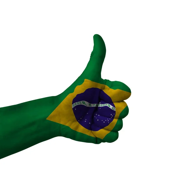 Hand Making Thumbs Sign Brazil Painted Flag Symbol Thumbs Okay — стоковое фото