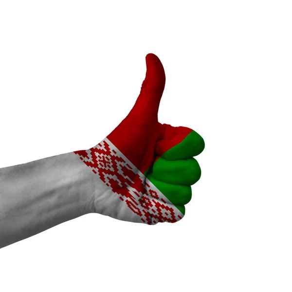 Hand Macht Daumen Hoch Zeichen Weißrussland Bemalt Mit Flagge Als — Stockfoto