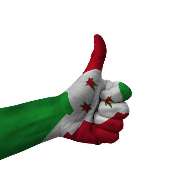 Hand Making Thumbs Sign Burundi Painted Flag Symbol Thumbs Okay — Stockfoto