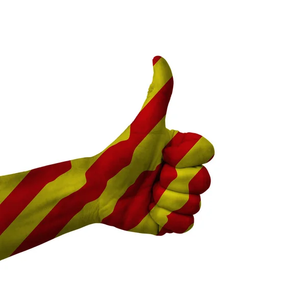 Hand Making Thumbs Sign Catalonia Painted Flag Symbol Thumbs Okay — Stok fotoğraf