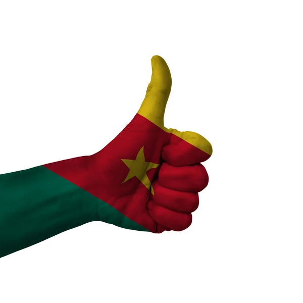 Hand Making Thumbs Sign Cameroon Painted Flag Symbol Thumbs Okay — Stock Fotó