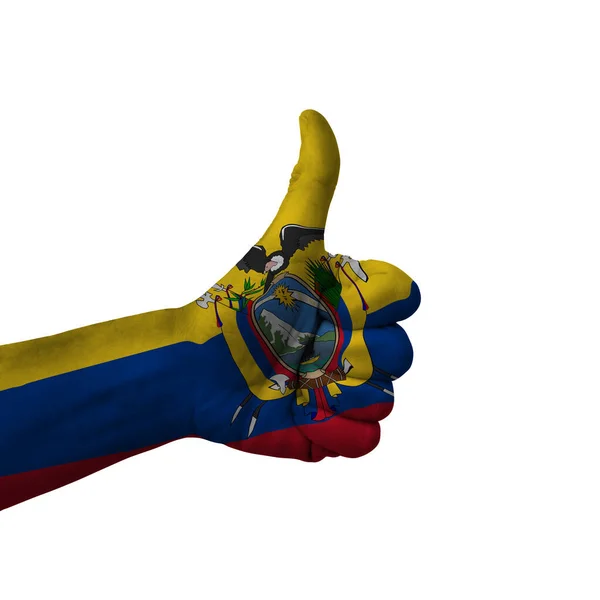 Hand Making Thumbs Sign Ecuador Painted Flag Symbol Thumbs Okay — Stock Photo, Image