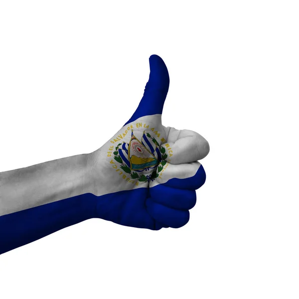 Hand Making Thumbs Sign Salvador Painted Flag Symbol Thumbs Okay — Stockfoto
