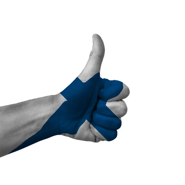 Hand Making Thumbs Sign Finland Painted Flag Symbol Thumbs Okay — Stockfoto