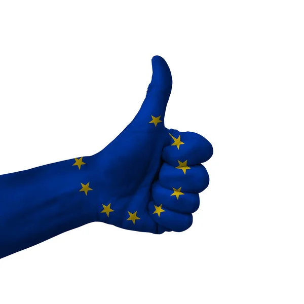 Hand Making Thumbs Sign European Union Painted Flag Symbol Thumbs — Stock Photo, Image