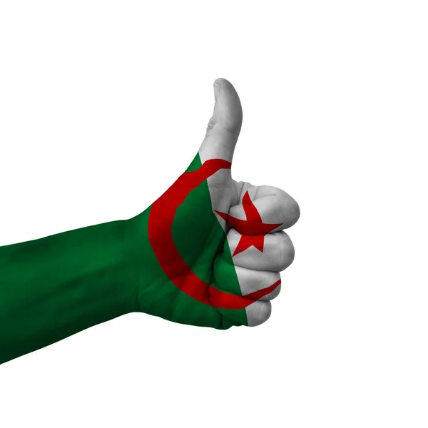 Mano Haciendo Pulgares Hacia Arriba Signo Algeria Pintado Con Bandera — Foto de Stock