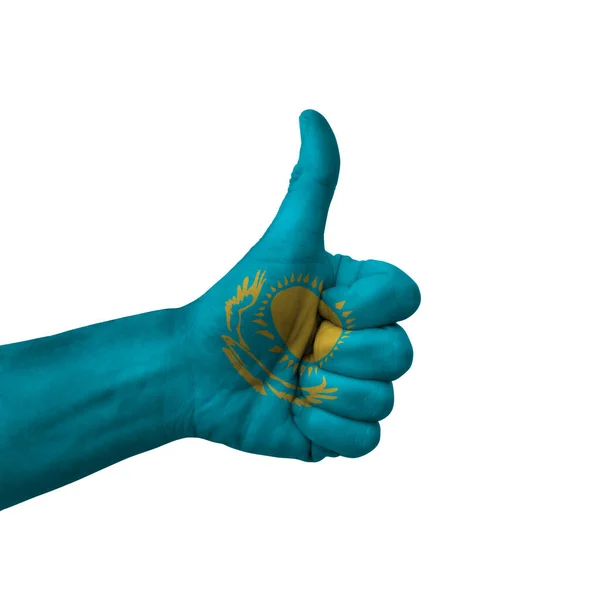 Hand Making Thumbs Sign Kazakhstan Painted Flag Symbol Thumbs Okay — стоковое фото