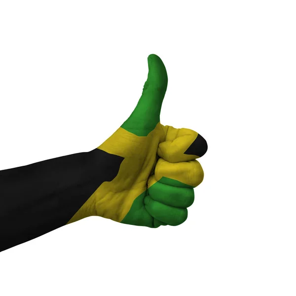 Hand Making Thumbs Sign Jamaica Painted Flag Symbol Thumbs Okay — Stock Photo, Image