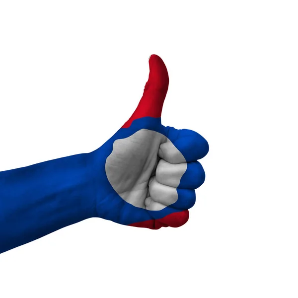 Hand Making Thumbs Sign Laos Painted Flag Symbol Thumbs Okay — Stockfoto