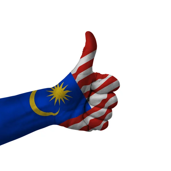 Mano Haciendo Pulgares Hacia Arriba Signo Malaysia Pintada Con Bandera — Foto de Stock