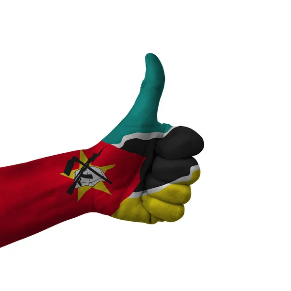 Hand Making Thumbs Sign Mozambique Painted Flag Symbol Thumbs Okay — Fotografia de Stock
