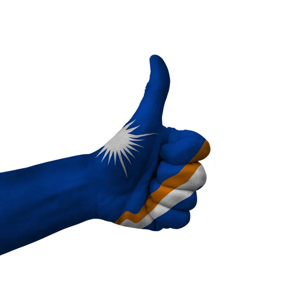 Hand Making Thumbs Sign Marshall Islands Painted Flag Symbol Thumbs — Zdjęcie stockowe