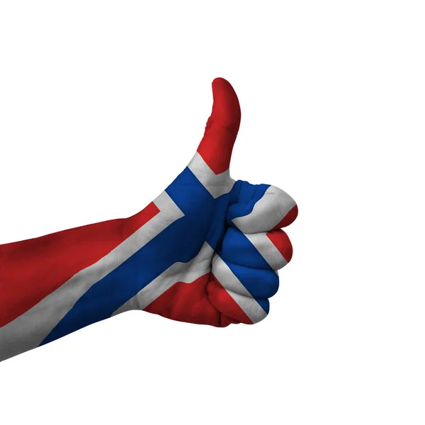 Hand Making Thumbs Sign Norway Painted Flag Symbol Thumbs Okay — Foto de Stock