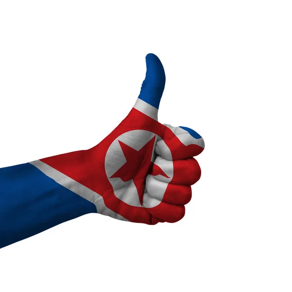 Χέρι Κάνει Αντίχειρες Μέχρι Την Πινακίδα Βόρεια Κορέα Ζωγραφισμένα Σημαία — Φωτογραφία Αρχείου