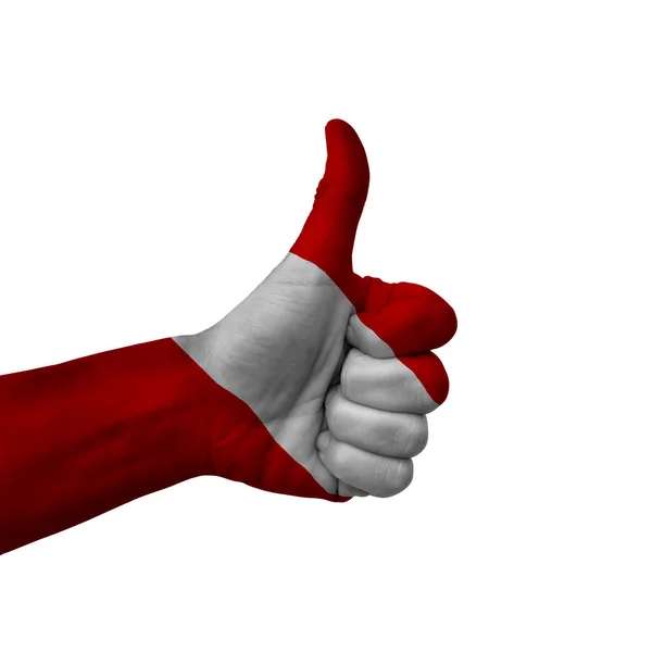 Hand Making Thumbs Sign Peru Painted Flag Symbol Thumbs Okay — Stockfoto