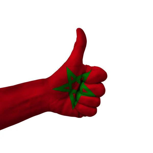 Hand Making Thumbs Sign Morocco Painted Flag Symbol Thumbs Okay — Stockfoto