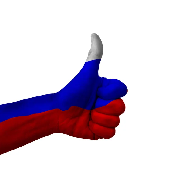 Hand Making Thumbs Sign Russia Painted Flag Symbol Thumbs Okay — стокове фото