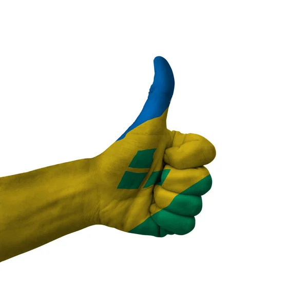 Hand Making Thumbs Sign Saint Vincent Grenadines Painted Flag Symbol — Stockfoto