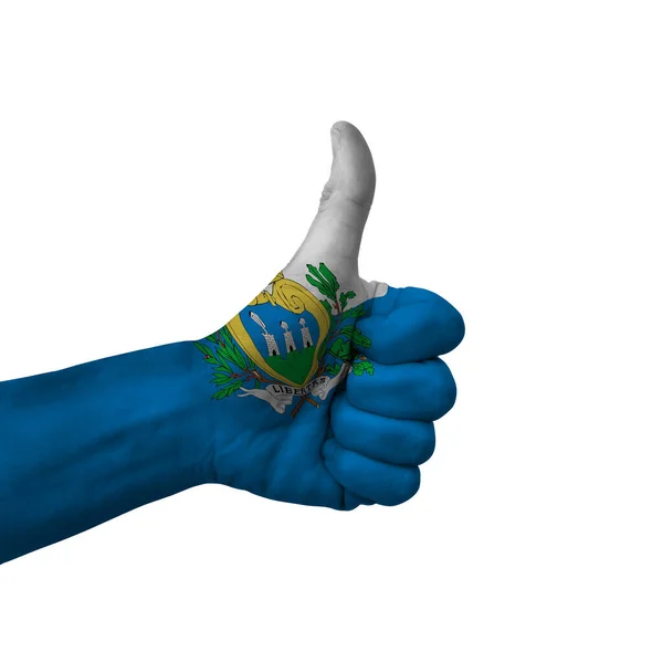 Hand Making Thumbs Sign San Marino Painted Flag Symbol Thumbs — Foto Stock