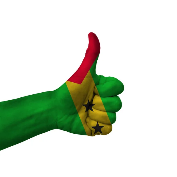 Hand Making Thumbs Sign Sao Tome Principe Painted Flag Symbol — Stockfoto