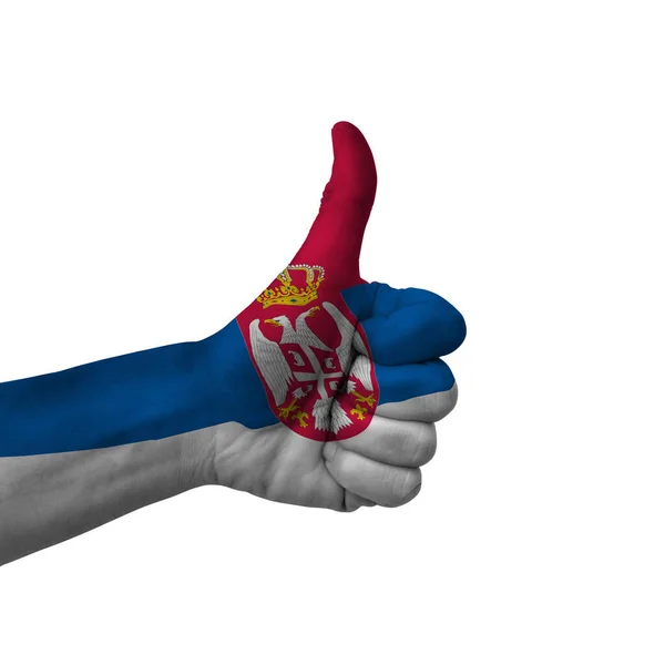 Hand Making Thumbs Sign Serbia Painted Flag Symbol Thumbs Okay — ストック写真