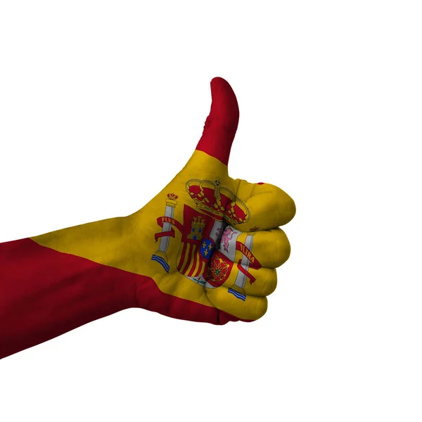 Hand Making Thumbs Sign Spain Painted Flag Symbol Thumbs Okay — Fotografia de Stock