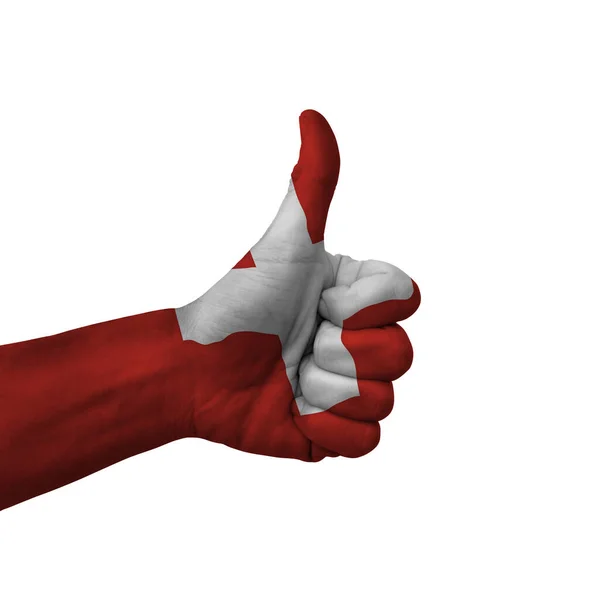 Hand Making Thumbs Sign Switzerland Painted Flag Symbol Thumbs Okay — Stockfoto