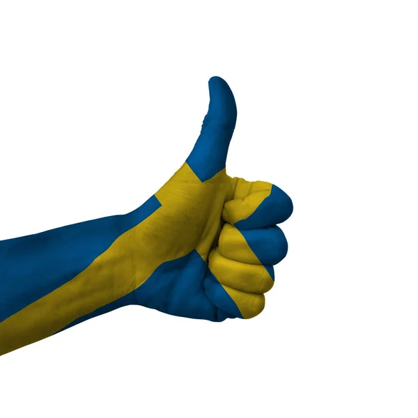 Hand Making Thumbs Sign Sweden Painted Flag Symbol Thumbs Okay — Foto de Stock