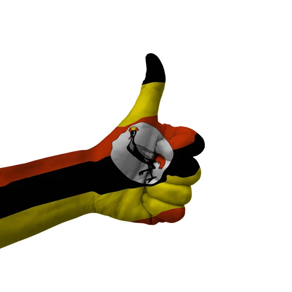 Hand Making Thumbs Sign Uganda Painted Flag Symbol Thumbs Okay — Stockfoto