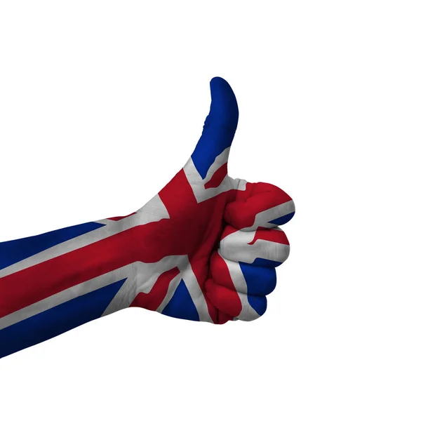 Hand Making Thumbs Sign United Kingdom Painted Flag Symbol Thumbs — Foto de Stock